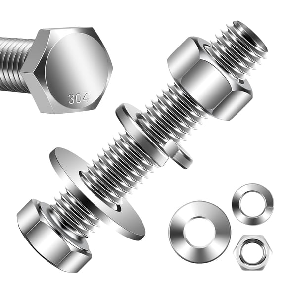 URIJDAS-1/4-20 x 2 Hex Head Bolts with Hex Nuts and Thick Flat & Lock Washers, Fully Threaded, Stainless Steel 18-8, Plain Finish, 8 Sets