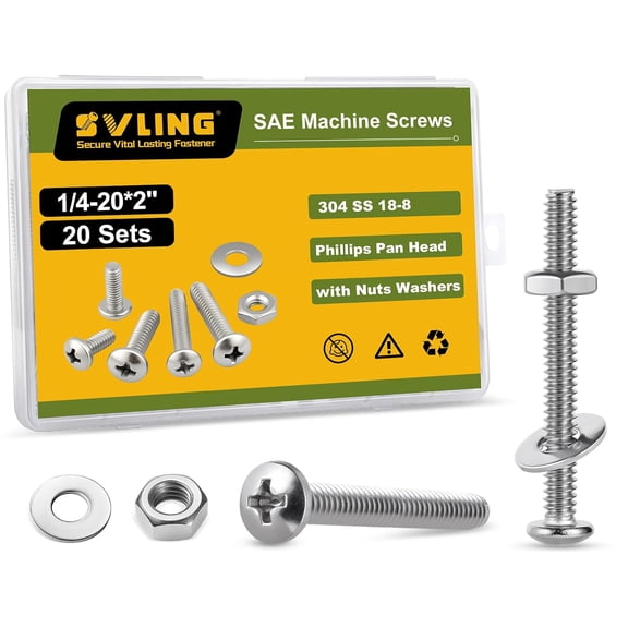URIJDAS-1/4-20 x 2 Pan Head Machine Screws Nut Bolt Washer Assortment Kit,(20 Sets) 304 Stainless Steel 18-8 Phillips Drive Full Thread Assorted