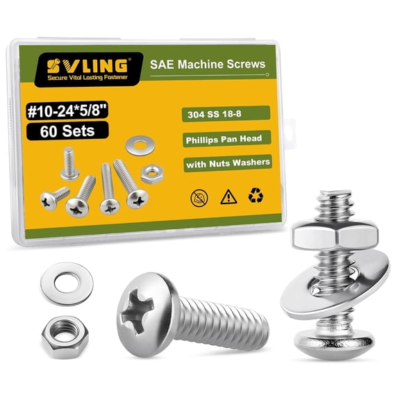 URIJDAS-#10-24 x 5/8" Pan Head Machine Screws Nut Bolt Washer Assortment Kit,(60 Sets) 304 Stainless Steel 18-8 Phillips Drive Full Thread Assorted
