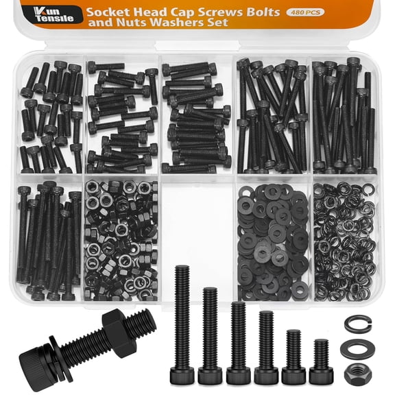 URIJDAS-12.9 Grade M3 Screws Assortment Kit, 480pcs Socket Head Cap Screws Bolts and Nuts Washers Set, M3x10/12/16/20/25/30mm, Metric SHCS -DIN912
