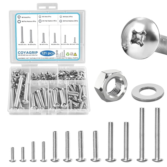 URIJDAS-121PCS Nuts and Bolts Assortment Kit, M4 M5 M6 Phillips Head Machine Screws Assorted Set with Storage Case, Small Metric Bolts Nuts and Flat Washers Kit
