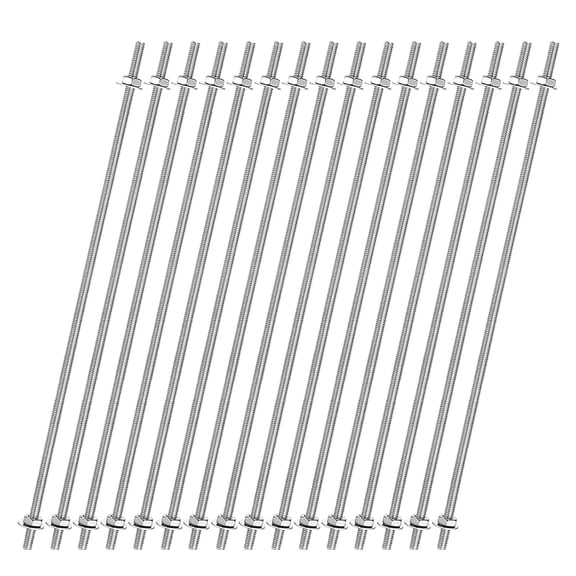URIJDAS-16pcs 8/32 Inch M4 Threaded Rods with 40pcs Hex Nuts and Washers 13 Inch 201 Stainless Steel Full Threads Right-Hand Thread for Hangers, U-Bolts, Beaded Garden Stake Rods, Silver