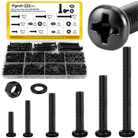 URIJDAS-225pcs Screws and Nuts Assortment Kit,M4 M5 M6 Phillips Pan Head Assorted Nuts and Bolts,Washers Kit for Headboard, Wall Plate Switch, Receptacles Mounting Screws Black