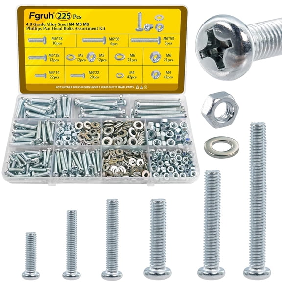 URIJDAS-225pcs Screws and Nuts Assortment Kit,M4 M5 M6 Phillips Pan Head Assorted Nuts and Bolts,Washers Kit for Headboard, Wall Plate Switch, Receptacles Mounting Screws Silver