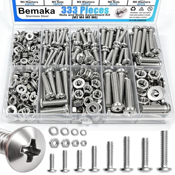 URIJDAS-333Pcs Machine Screws Nuts and Bolts Assortment Kit, Stainless Steel Bolts 9 Sizes M3 M4 M5 M6 Phillips Pan Head Screw Assortment Kit for Furniture, Automotive, Appliance Repair, DIY Projects