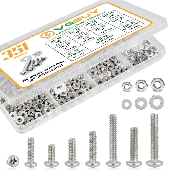 URIJDAS-351Pcs Machine Screws Nuts and Bolts Assortment Kit, # 6-32# 8-32# 10-24 Phillips Pan Head Assorted 304 Stainless Steel Bolts Nuts Flat Washers Bolts with Case