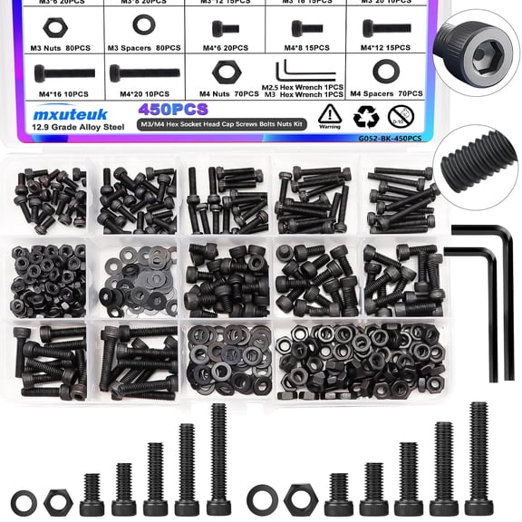 URIJDAS-450PCS M3 M4 Screws Assortment Set,6/8/12/16/20mm Screws Bolts Nuts Kit 12.9 Grade Alloy Steel Hex Socket Head Cap M3 M4 Bolts with Hex Wrench