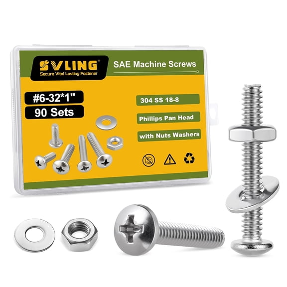 URIJDAS-#6-32 x 1 Pan Head Machine Screws Nut Bolt Washer Assortment Kit,(90 Sets) 304 Stainless Steel 18-8 Phillips Drive Full Thread Assorted