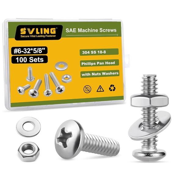 URIJDAS-#6-32 x 5/8" Pan Head Machine Screws Nut Bolt Washer Assortment Kit,(100 Sets) 304 Stainless Steel 18-8 Phillips Drive Full Thread Assorted