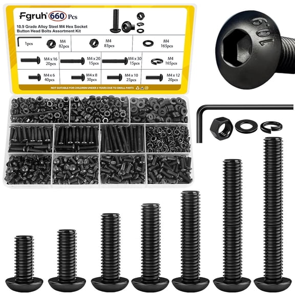 URIJDAS-660PCS M4 Screws with Nuts Assortment Kit, M4-0.7 x 6/8/10/12/16/20/30 mm Hex Button Head Cap Bolts, Nuts & Washers Assorted Set - Grade 10.9 Alloy Steel Machine Screw, Black Zinc Plated