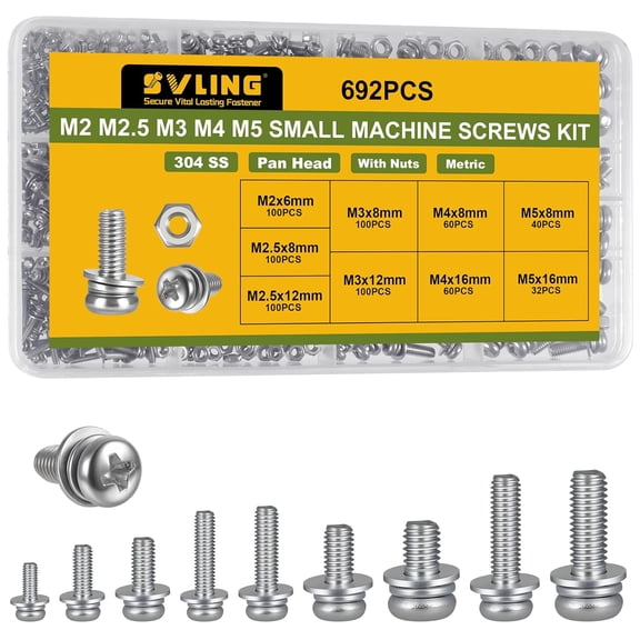 URIJDAS-692Pcs Machine Screws Assortment Kit,Metric Nut and Bolt Assorted M2 M2.5 M3 M4 M5,304 Stainless Steel Phillips Pan Head Small Combination Screw with Fixed Washers(All-in-One Design)