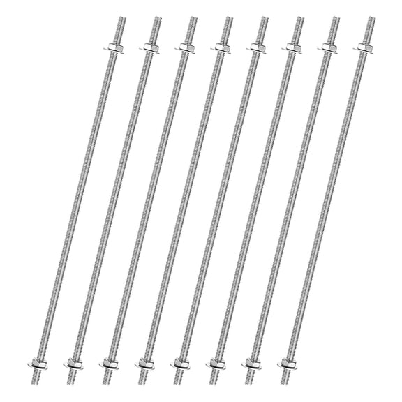 URIJDAS-8pcs 8/32 Inch M4 Threaded Rods with 16pcs Hex Nuts and Washers 8 Inch 201 Stainless Steel Full Threads Right-Hand Thread for Hangers, U-Bolts, Beaded Garden Stake Rods, Silver