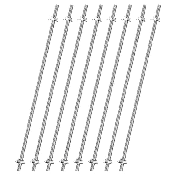 URIJDAS-8pcs 8/32 Inch M4 Threaded Rods with 40pcs Hex Nuts and Washers 12 Inch 201 Stainless Steel Full Threads Right-Hand Thread for Hangers, U-Bolts, Beaded Garden Stake Rods, Silver