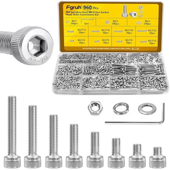 URIJDAS-960pcs M2.5 Screws with Nuts Assortment kit, M2.5x4/6/8/10/12/16/20/25 mm 304 Stainless Steel Hex Socket Head Bolts with Flat & Lock Washers Assorted Set