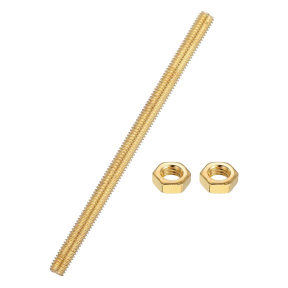 URIJDAS-Brass Fully Threaded Rod, M6x1mm Pitch Right Hand Threads Studs with Solid Brass Hex Nuts, 100mm/4 Long Threaded Screw Rods Fasteners for Anchors Bolts Hangers Clamps