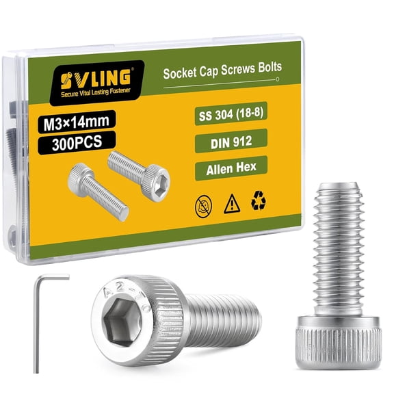 URIJDAS-M3-0.5 x 14mm Bolt, 300PCS M3 Hex Socket Head Cap Screws Bolts, 304 Stainless Steel 18-8, Full Threads, with Hex Spanner