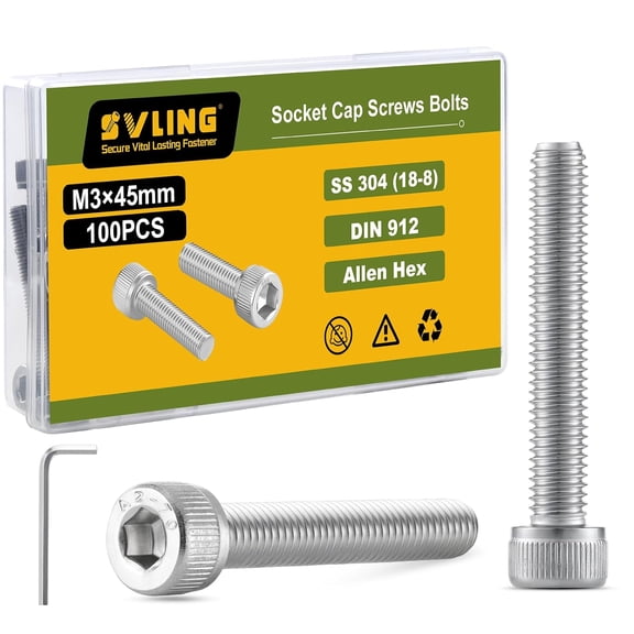 URIJDAS-M3-0.5 x 45mm Bolt, 100PCS M3 Hex Socket Head Cap Screws Bolts, 304 Stainless Steel 18-8, Full Threads, with Hex Spanner
