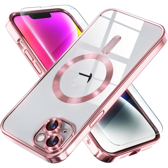URIJDAS-Magnetic for iPhone 14 Case Compatible with MagSafe [Never Yellowing] [Military Grade Drop Protection] Full Camera Lens Protector Plating Soft Clear Phone Case for Women Girls, Pink