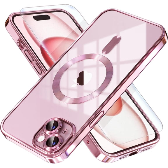 URIJDAS-Magnetic for iPhone 15 Case Compatible with MagSafe [Never Yellowing] [Military Grade Drop Protection] Full Camera Lens Protector Plating Soft Clear Phone Case for Women, Pink
