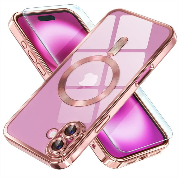 URIJDAS-Magnetic for iPhone 16 Case Compatible with MagSafe [Never Yellowing] [Military Grade Drop Protection] Full Camera Lens Protector Plating Soft Clear Phone Case for Women 6.1 inch, Pink