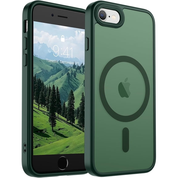 URIJDAS-Magnetic for iPhone SE Case 2022 (3rd)/2020 (2nd), iPhone 8 Case (Compatible with MagSafe) (Military Grade Drop Protection) Slim Translucent Matte Phone Case, Forest Green