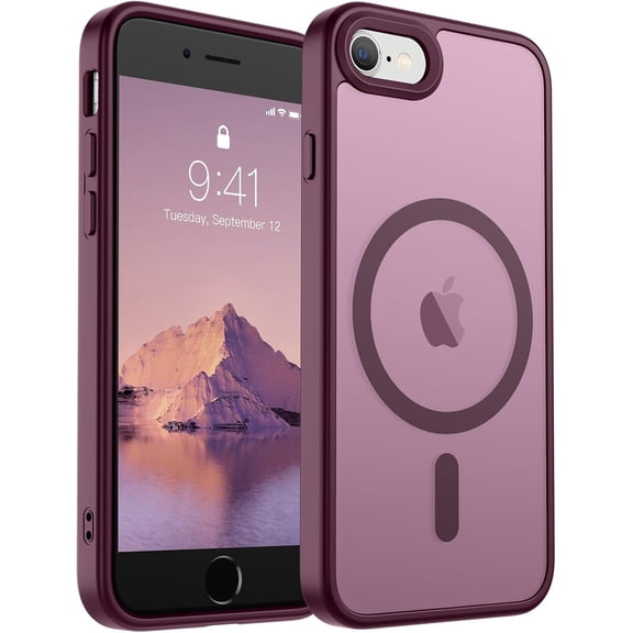 URIJDAS-Magnetic for iPhone SE Case 2022 (3rd)/2020 (2nd), iPhone 8 Case (Compatible with MagSafe) (Military Grade Drop Protection) Translucent Matte Phone Case, Wine Red
