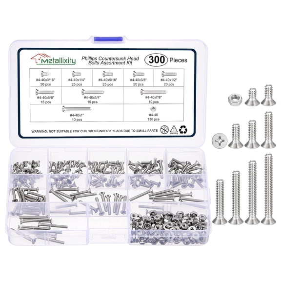 URIJDAS-Phillips Countersunk Machine Bolt Nut Assortment Set(#4-40) 300Pcs, Stainless Steel Flat Head Hardware Screw Kit - for Indoor Metal Fasten, Silver