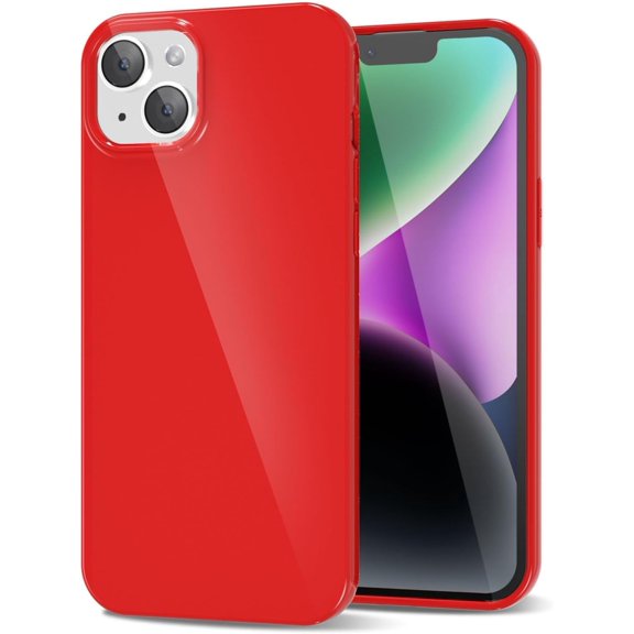 URIJDAS-for iPhone 14 iPhone 13 Phone Case Liquid Silicone, Cute Girly Thin Ultra Slim Jelly Soft Rubber Gel Protective Glossy Hard Plastic Case, Plain Solid Color Cover for Women Girl, Red