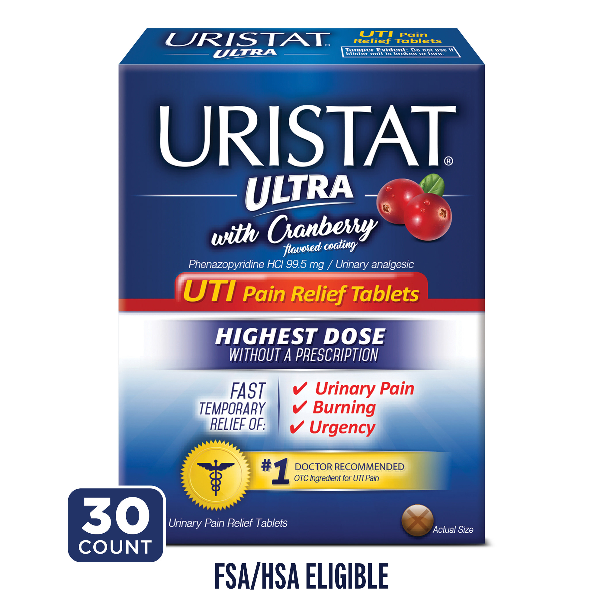 URISTAT Ultra UTI Pain Relief, Cranberry Flavored UTI Treatment Tablets, 30 Ct - image 1 of 14