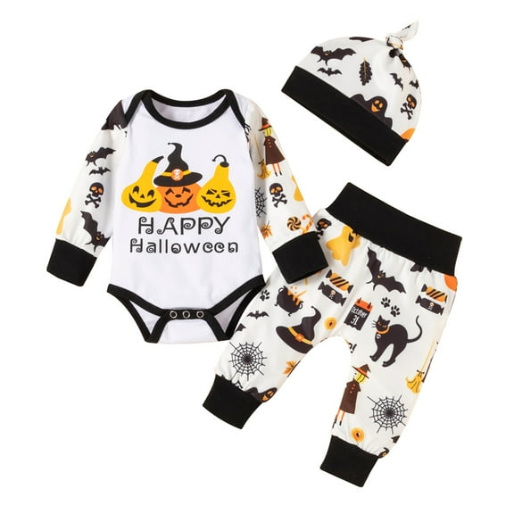 URMAGIC 0-18 Month Newbron Baby Girls Boys Halloween Outfits Infant Pumpkin Grimace Long Sleeve Romper Pants Hat 3PCS Set