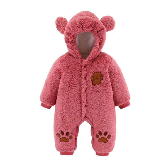 URMAGIC 0-18 Months Baby Boy Girl Fall And Winter Bodysuit Clothes Toddler Kids Fleece Hooded Romper Outerwear Cartoon Bear Print Snowsuit Thicken Warm Jacket