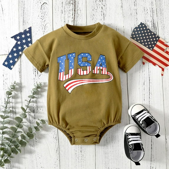 URMAGIC 0-24 Months Baby Girls Boys American Flag Logo Short Sleeve Romper Tops