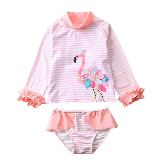 URMAGIC 1-10Y Kids Girl Flamingo Striped Two Piece Long Sleeve Rash Guard Swimsuit Bathing Suit