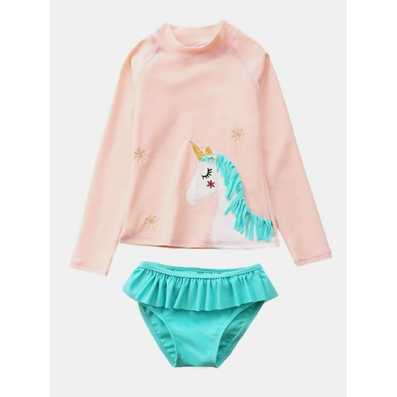 URMAGIC 1-10Y Kids Girl Unicorn Ruffle Two Piece Long Sleeve Rash Guard Swimsuit Bathing Suit