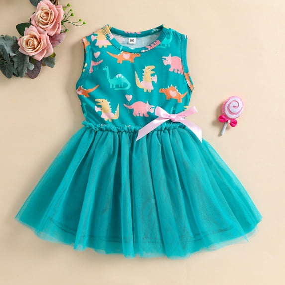 URMAGIC 1-5T Toddler Kids Summer Sleeveless Princess Dress Baby Girl Dinosaur Tulle Sundress