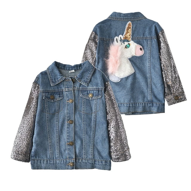 URMAGIC 1-6T Unicorn Jean Jacket for Girls Kids & Toddler with Sparkly Sleeve , Girls' Spring Outfit Denim Jackets Outerwear
