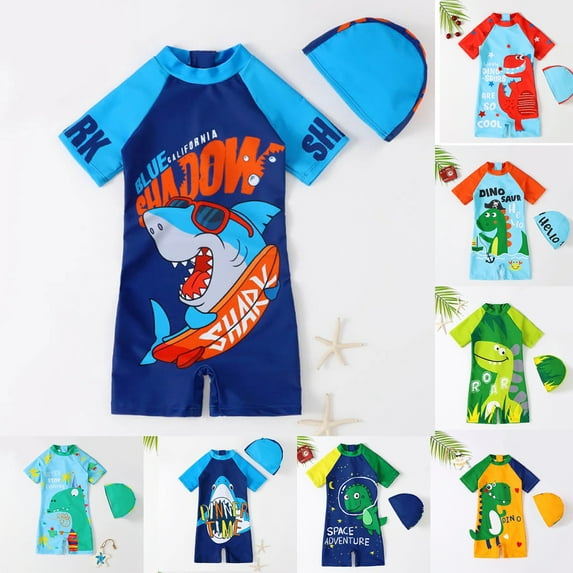 URMAGIC 1-7T Toddler Baby Boys Short Sleeve Dinosaur Shark Rashguard One-Piece Swimsuit with Hat