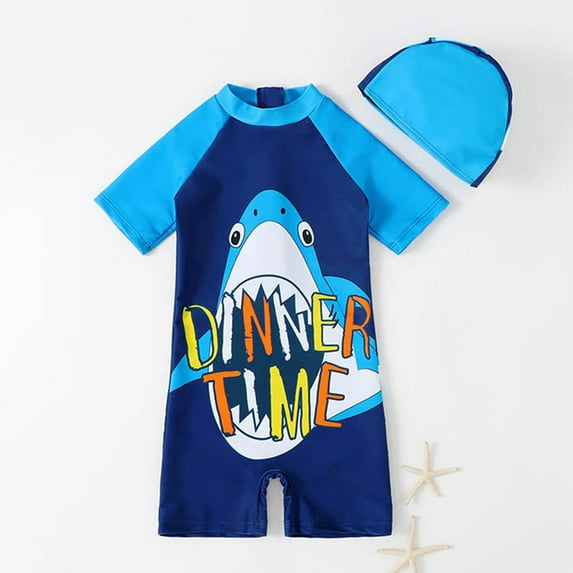 URMAGIC 1-7T Toddler Baby Boys Short Sleeve Dinosaur Shark Rashguard One-Piece Swimsuit with Hat