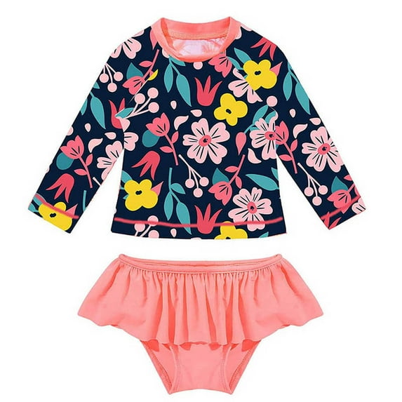 URMAGIC 2-10T Kids Girl Floral Two Piece Long Sleeve Rash Guard Ruffles Bikini Swimsuit