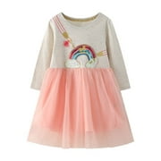 URMAGIC 2-7 Years Little Girls Winter Rainbow Long Sleeve Dress Toddler Kids Casual Party Tulle Tutu Dresses