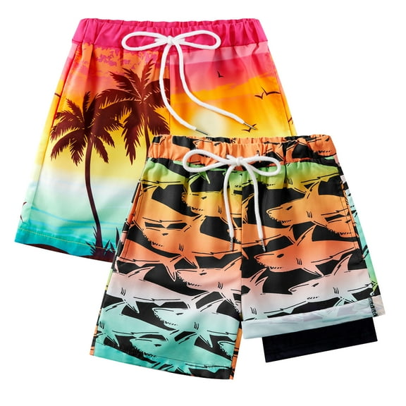 URMAGIC 2 Pack Boys Swim Trunks with Boxer Brief Liner Compression Anti Chafe Swimming Shorts Stretchy UPF Quick Dry Swimsuit 5-16 Years