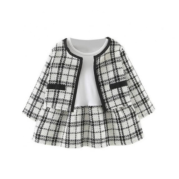 URMAGIC 2Pcs Toddler Baby Girl Princess Outfits Long Sleeve Plaid Jacket Coat + Stitching Dress Party Skirt Clothes Set 5-6 Years