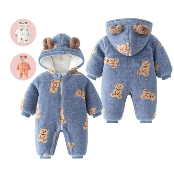 URMAGIC 3-24 Months Baby Boy Girl Fall And Winter Bodysuit Toddler Kids Fleece Hooded Romper Outerwear Cartoon Bear Print Snowsuit Thicken Warm Jumpsuit