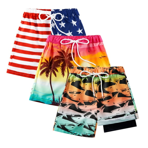 URMAGIC 3 Pack Boys Swim Trunks with Boxer Brief Liner Compression Anti Chafe Swimming Shorts Stretchy UPF Quick Dry Swimsuit 5-16 Years