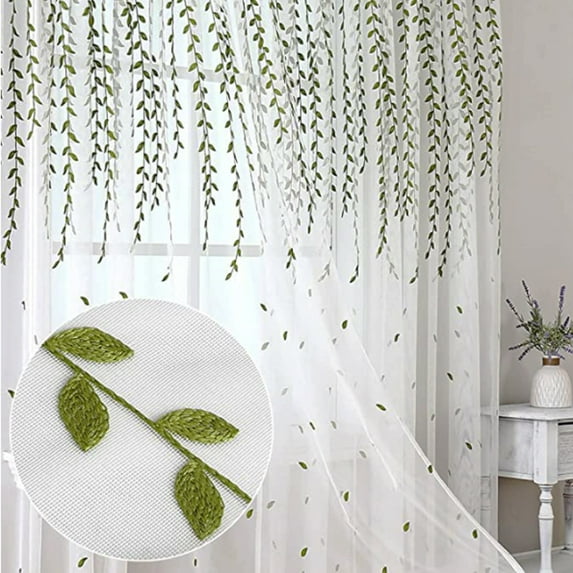 URMAGIC 39x75/Panel Embroidery Semi Sheer Panel for Living Room,Voile Drapes and Weeping Leaves Light Filtering Window Curtains,1 Panel