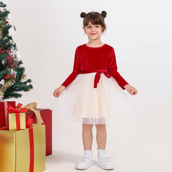 URMAGIC 3M-9T Kids Toddler Baby Girl Christmas Dress Red Velvet Long Sleeve Dress Christmas Outfits Set