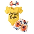 thumbnail image 1 of URMAGIC 3PCS Baby Girls Outfit Sunflower Ruffle Romper Shorts Headband Clothes, 1 of 8