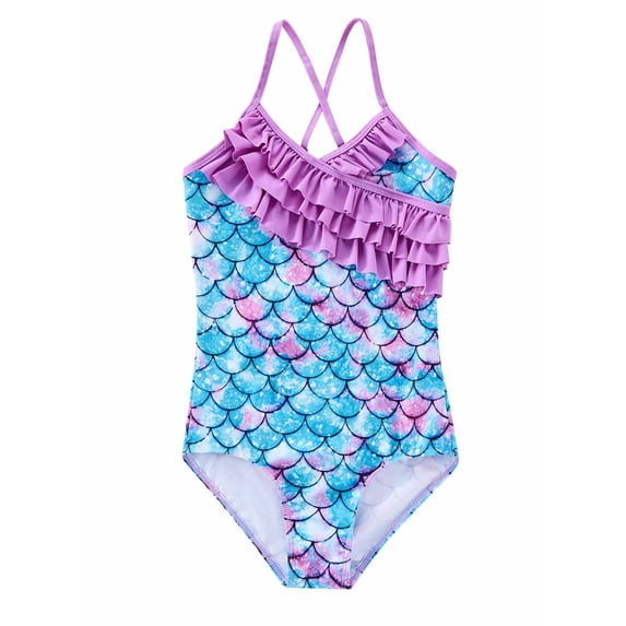 URMAGIC 4-12T Child Girls One Piece Ruffle Swimsuit Criss Cross Bathing Suit Swimwear