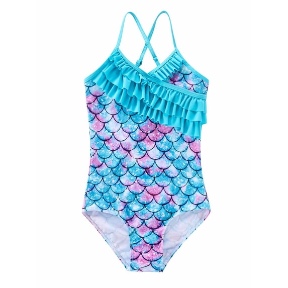 URMAGIC 4-12T Child Girls One Piece Ruffle Swimsuit Criss Cross Bathing Suit Swimwear