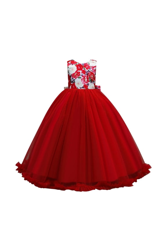 4-14 Years Girls Sleeveless Floral Bridesmaid Dress Kids 3D Bow Princess Pageant Lace Prom Ball Gown Formal Maxi Dress